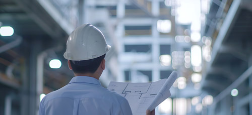 Construction manager evaluating architectural plans inside an industrial building site.