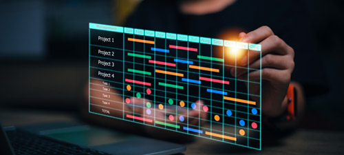 Digital construction project scheduling chart showing tasks, timelines, and management workflow.